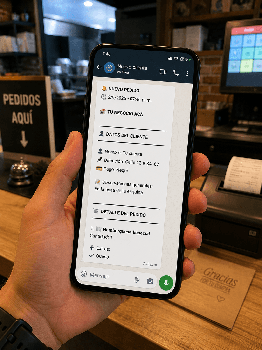 Restaurante recibiendo un pedido organizado de Pedidos360 por WhatsApp